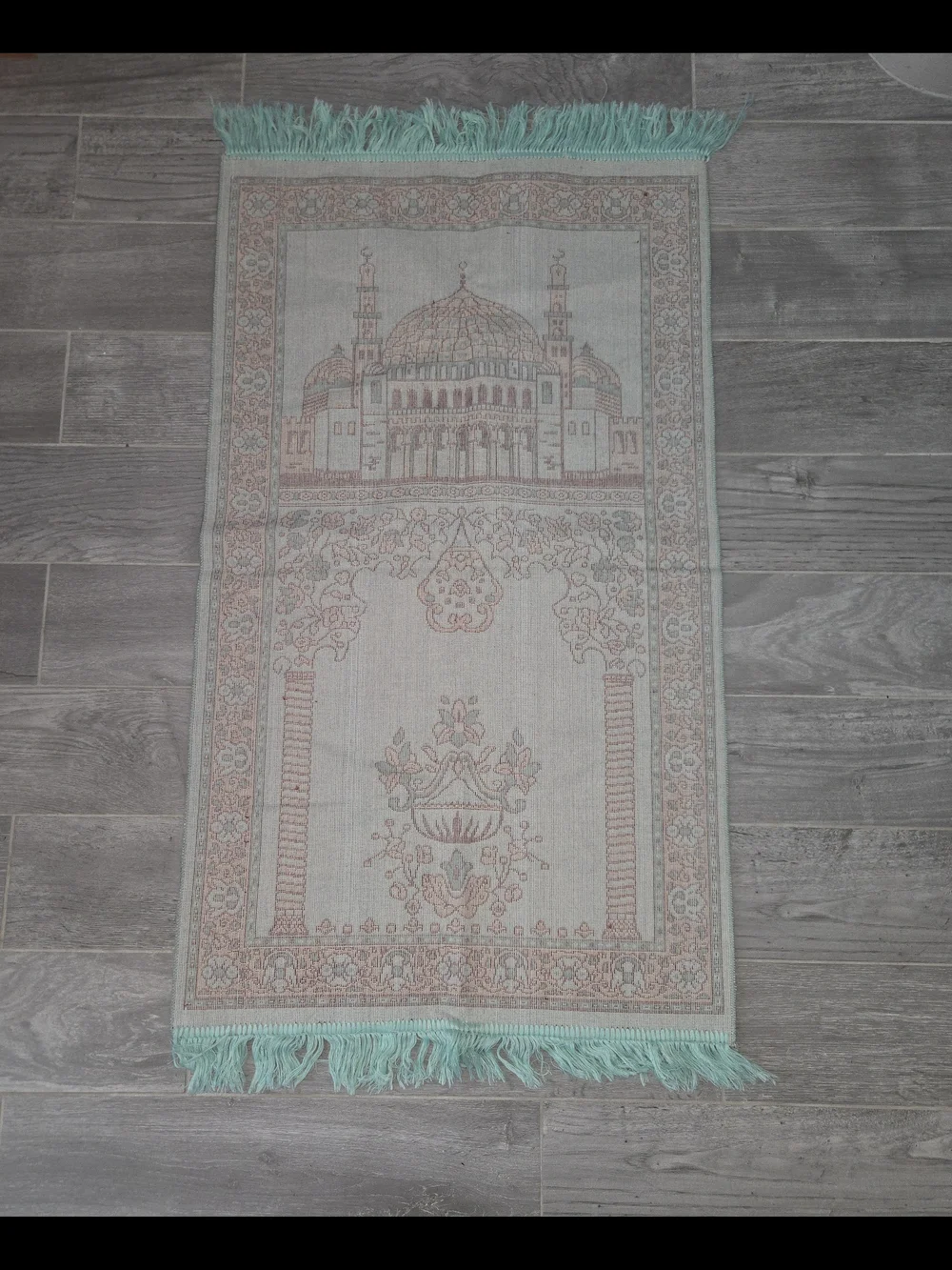 Turquoise Mosque Prayer Rug with Fringe